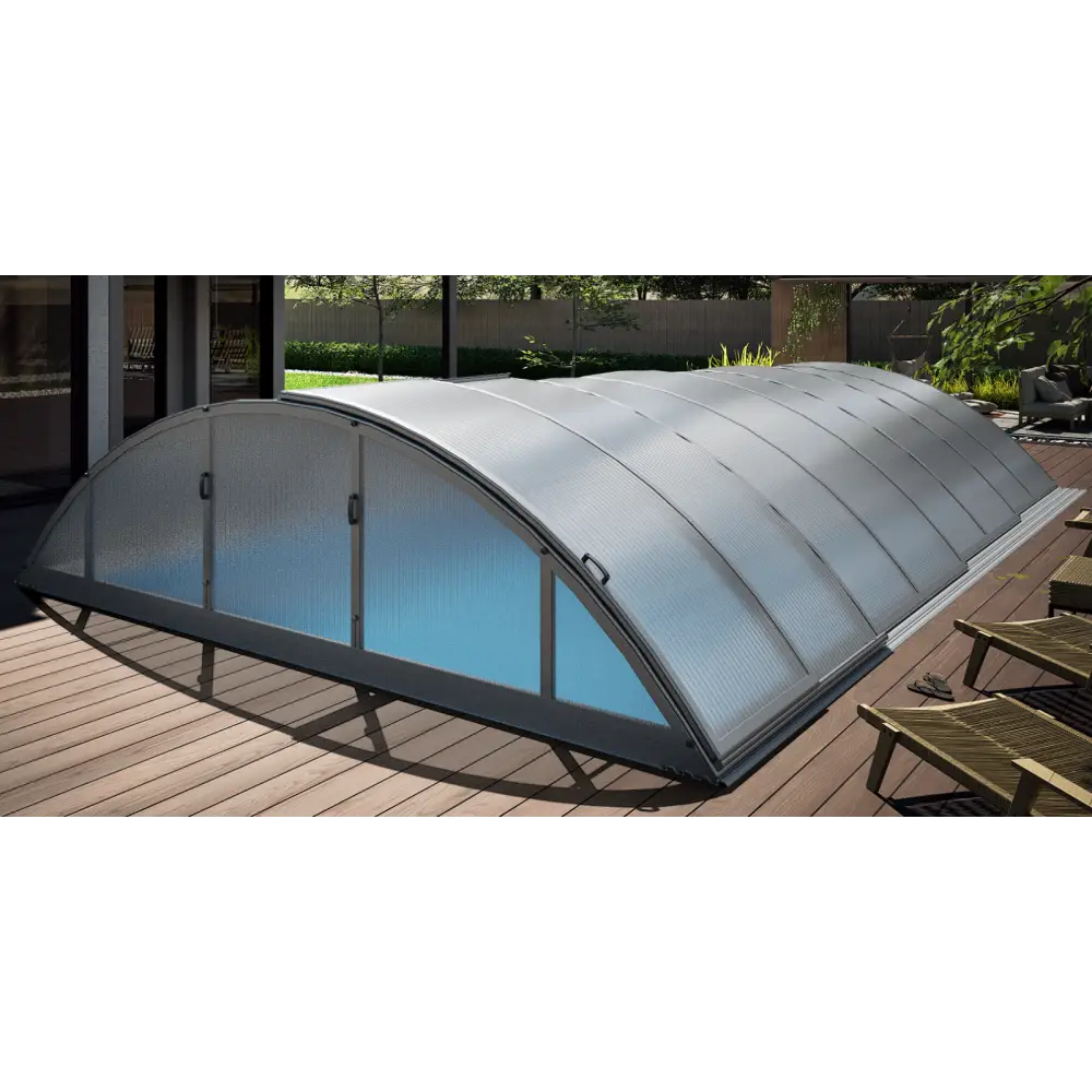 Pooltak Klasik 4×8 med silverram, valv och translucent paneler